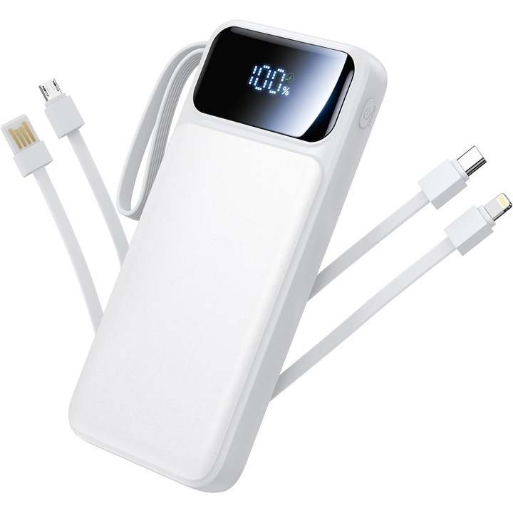 Power Bank, 20W, 12000mAh, Baterie externa cu 4 cabluri iOS, Type-C, Micro, USB, Incarcare rapida, Digital Display, Ideal pentru calatorii, Birou sau atunci cand esti pe drum, Compatibilitate larga, Design Compact si Elegant, ALB, BUGHY'S