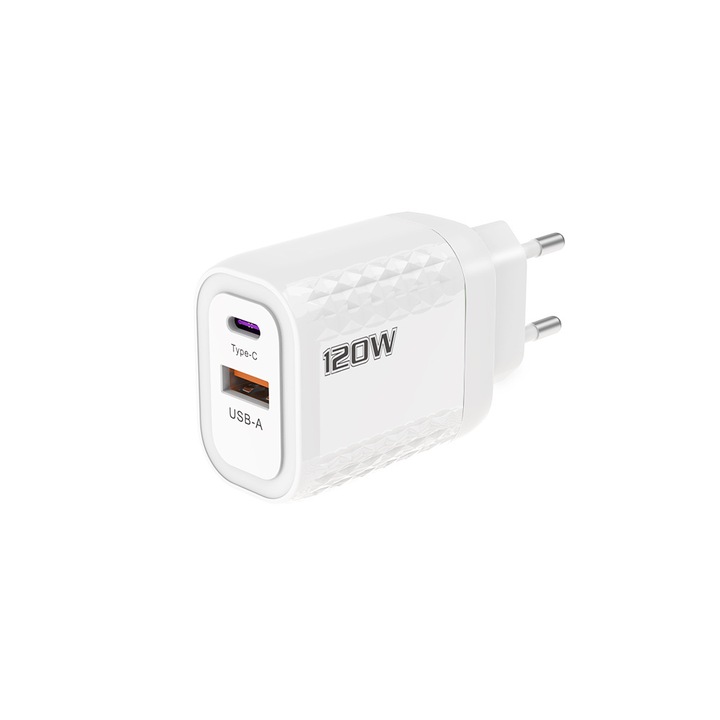 Incarcator retea Bemore, 120W, 2 porturi Type-C + USB, Alb Perla