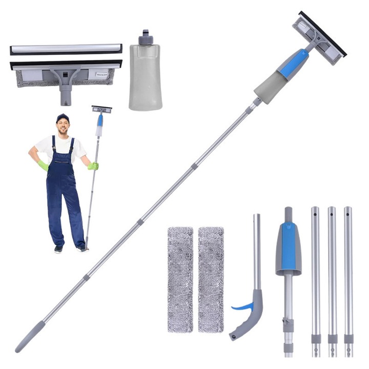 Чистачка за прозорци с функция за пръскане 3-в-1, регулируема дължина 47-190 см, аксесоари включени, сива