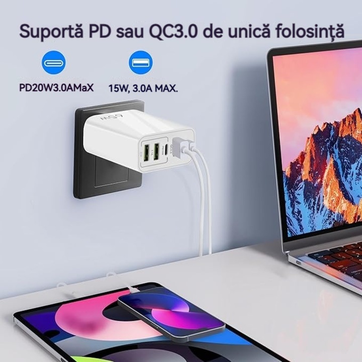 Зарядно устройство 65W 6.6AU x1 + кабел за данни с бързо зареждане 6A x2 (C--C, USB-C), бързо зареждане с много портове PD20W и QC3.0, 2 x Type-C порта + 3 x USB порта, съвместимо с iPhone 15 14 13 12 11 Pro Max XS XR X SE 8 Plus, Samsung S22 S21 A13