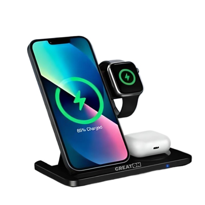 Incarcator Wireless 3 in 1 GREATON Pentru Smartphone, Smartwatch Si Casti, Incarcare Rapida, LED, Negru