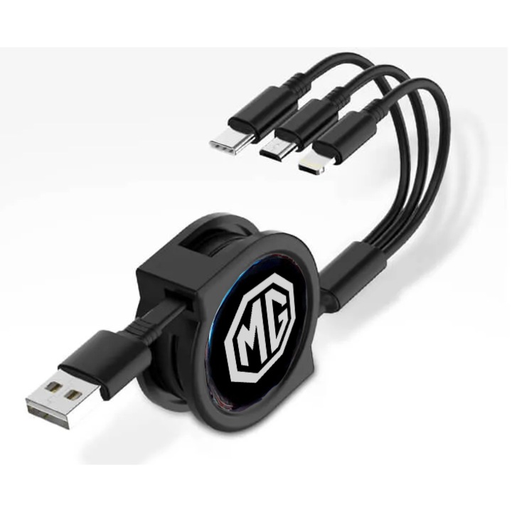 Cablu de telefon retractabil 3 in 1 pentru MG Car, cablu de incarcare rapida USB tip C, negru