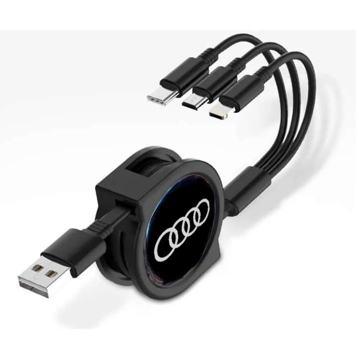 Cablu de telefon retractabil 3 in 1 pentru masina Audi, cablu de incarcare rapida USB tip C, negru