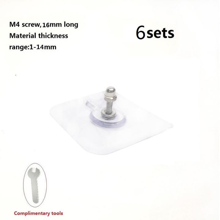 Set 6 suruburi cu banda adeziva, PVC6cm x 6cm, Diametru 4mm, Lungime tija filetata 16 mm, Rezistent la apa si la umiditate, Design autoadeziv, Pentru camera de zi, bucatarie, baie, dormitor si birou, Transparent