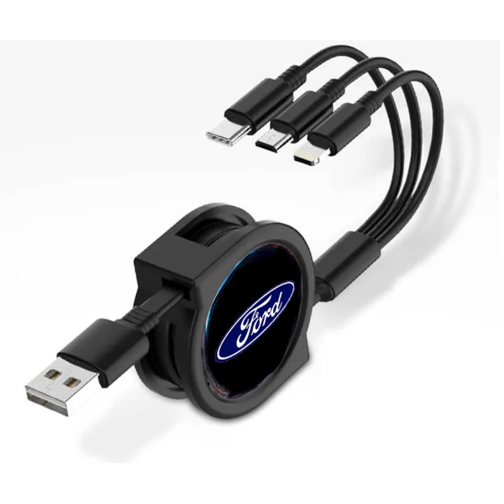 Cablu de telefon retractabil 3 in 1 pentru Ford Car, cablu de incarcare rapida USB tip C, negru
