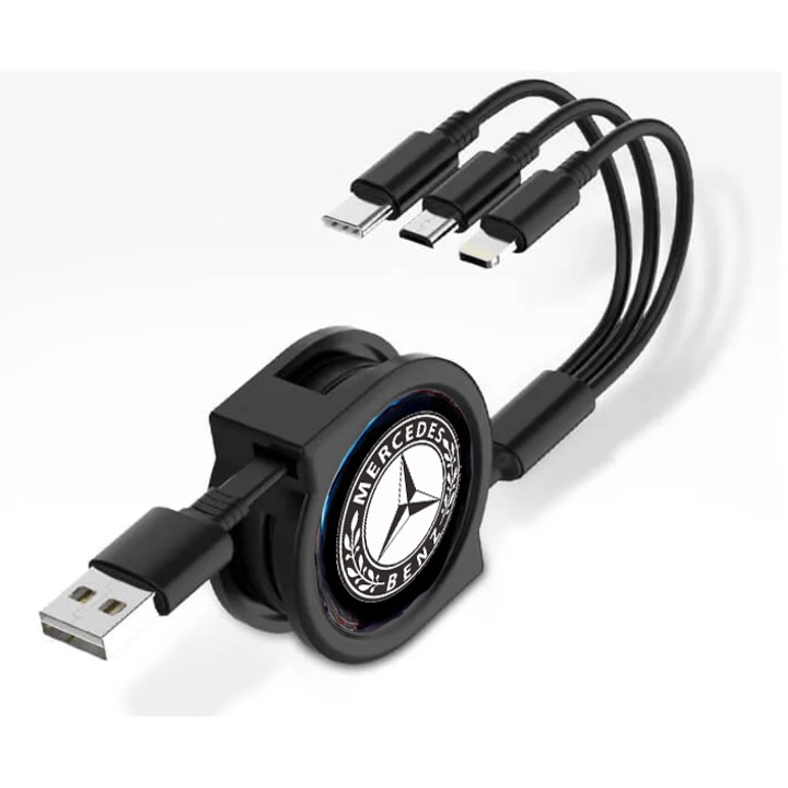 Cablu de telefon retractabil 3 in 1 tip C, incarcare rapida USB, pentru Mercedes-Benz Car, negru