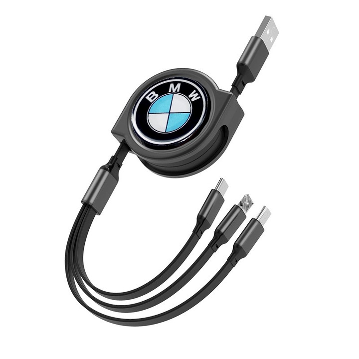 Cablu de telefon retractabil 3 in 1 pentru masina BMW, cablu de incarcare rapida USB tip C, negru
