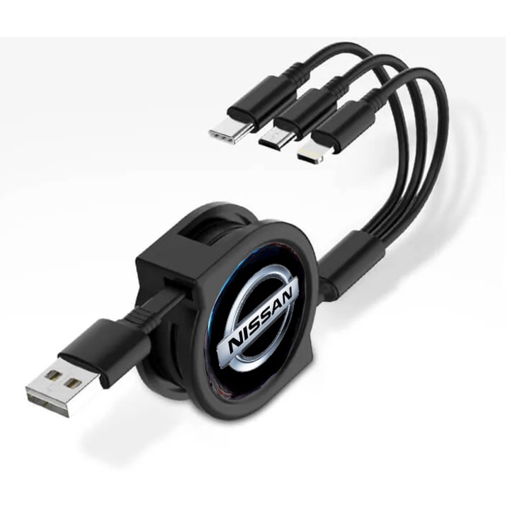 Cablu de telefon retractabil 3 in 1 pentru masina Nissan, cablu de incarcare rapida USB tip C, negru
