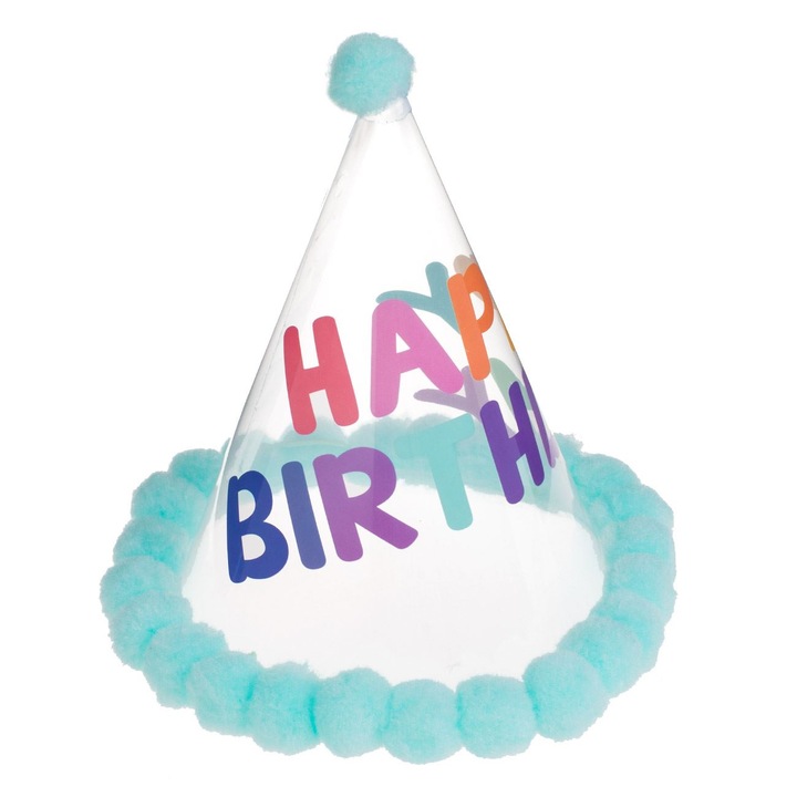 Coif de petrecere din plastic transparent cu pompoane bleu & "happy birthday" colorat 18cm