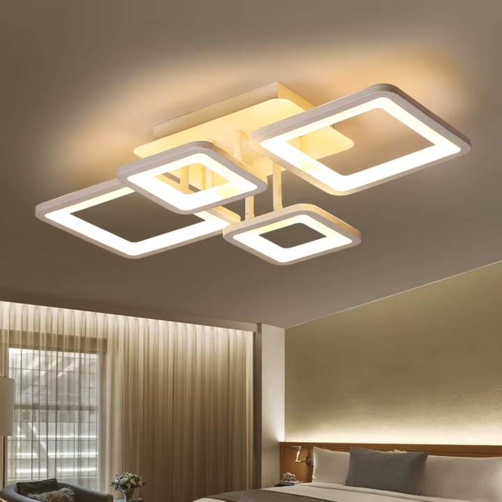 Lustra LED, Telecomanda, 85W, Design Modern cu Patrate Interconectate, Dimmabila, 3 Tipuri de Lumina (Rece/Calda/Neutra), Alb