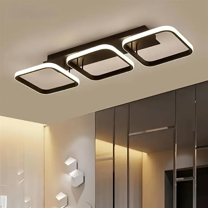 LED полилей с решетка и 3 успоредни квадрата, 32W, регулируем в 3 цветови настройки (студен, топъл, неутрален), минималистичен геометричен дизайн, матово черно покритие, идеален за коридор, офис, кухня