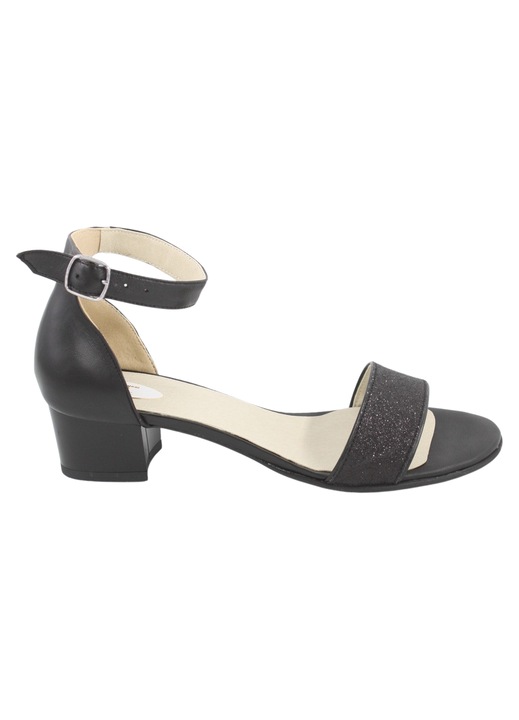 Sandale dama, piele naturala, toc mic masiv, bareta, imprimeu glitter, negru