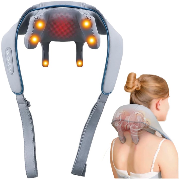 Масажор за шийни прешлени без ръце за мускулна релаксация, 6D бионичен масаж на трапецовидния мускул, бърз и пестящ време, облекчава болките във врата, раменете, гърба и краката, регулируема интензивност, сив, 3 нива на адаптация на силата