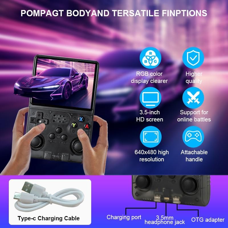 Consola de jocuri retro portabila R36S, 64 GB, 3,5 inch HD, 3500 mAh, design ergonomic, negru transparent