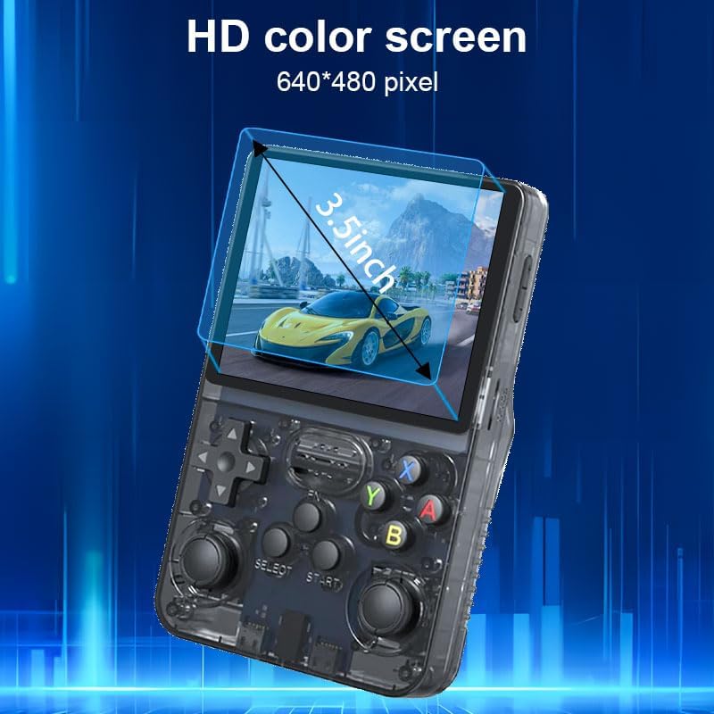 Consola de jocuri retro portabila R36S, 64 GB, 3,5 inch HD, 3500 mAh, design ergonomic, negru transparent