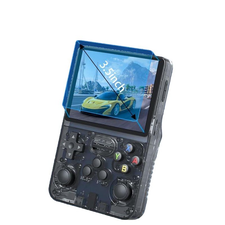 Consola de jocuri retro portabila R36S, 64 GB, 3,5 inch HD, 3500 mAh, design ergonomic, negru transparent
