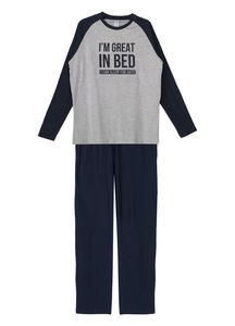 Set pijama de iarnă bărbați, bluza gri melanj cu mesaj, pantaloni bumbac albastri, mărime L INTL
