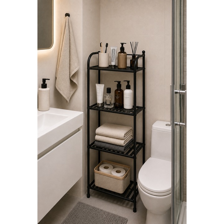 Raft de baie cu 4 polite / Etajera inalta cu structura metalica vopsita in camp electrostatic, rezistenta la mediul umed din baie - 116 cm inaltime x 33.5 cm lungime x 27.5 cm latime