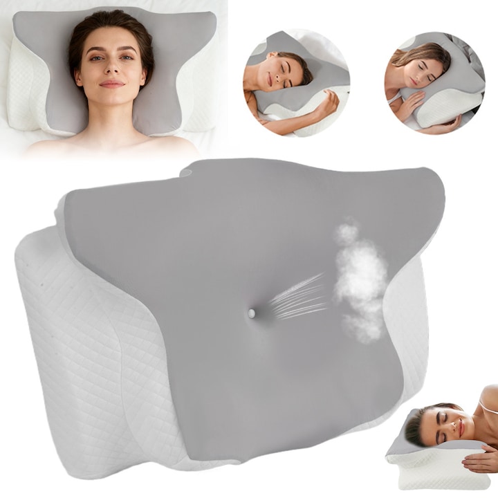 Perna Ortopedica Cervicala pentru dormit, Spuma cu Memorie, Suport pentru gat, umeri si brate, Husa lavabila, 62 x 41 x 13 cm, Alb/Gri