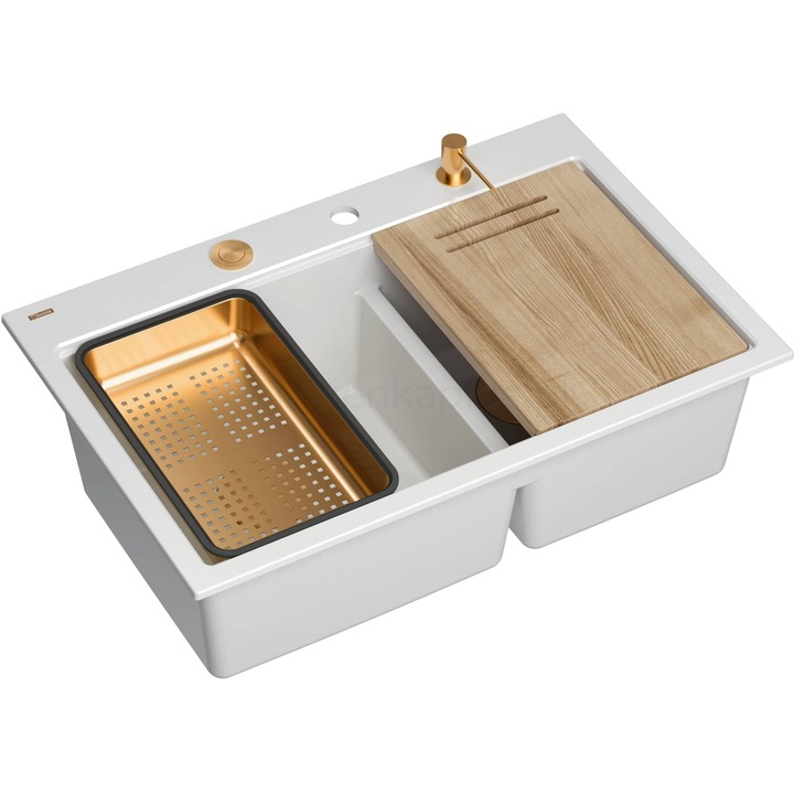 Chiuveta Quadron MARC 120 Granite cu 2 cuve 76x50x22 cm, set alb