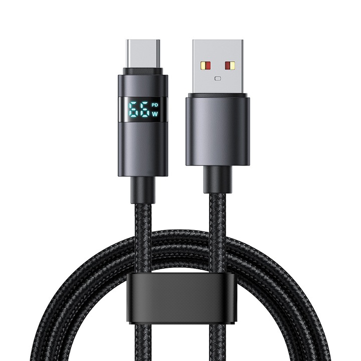 USB-A към USB-C кабел с хоризонтален LED дисплей Xmart, 6A, 100W, 1.2м, Черен