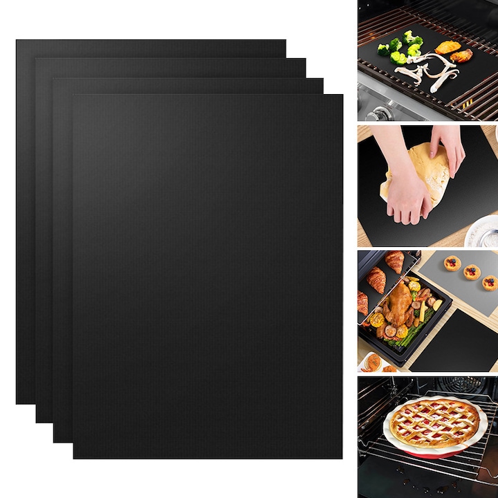 Set de 5 covorase antiaderente pentru gratar, covorase de copt din teflon pentru gratar, accesorii reutilizabile, functioneaza pe gaz, carbune, gratar electric, 15,75 x 13 inci, negru
