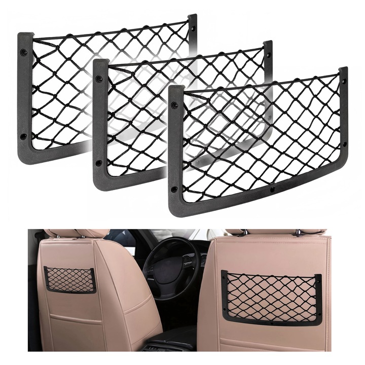 Set 3 Geanta organizator auto, cu plasa elastica, 35x18cm, Nylon, Cu accesorii cu suruburi, Negru