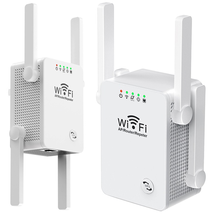Amplificator semnal wireless RENEW FORCE®, 4 antene cu tehnologie MIMO, range extender retea WIFI, indicatori LED, slot LAN, optiuni avansate de securitate a retelei tale de internet, conexiune WEP si WPA/WPA2, retea 2.4 Hz, Alb U9