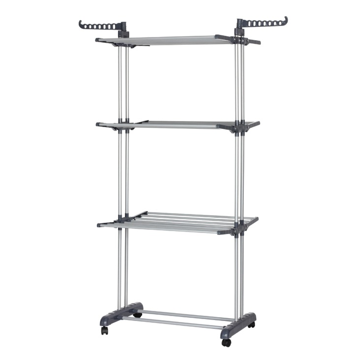 Триетажна сушилня за дрехи, подвижна, сива