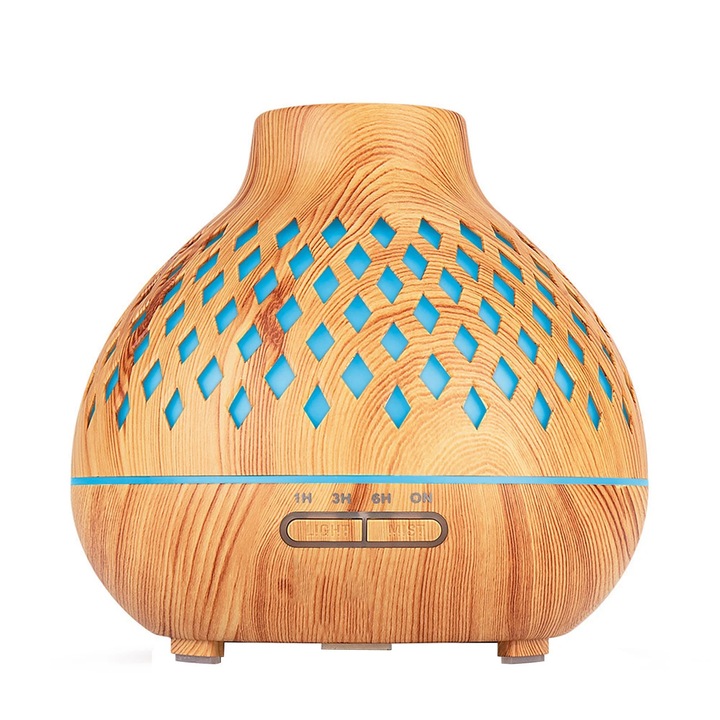 Többszínű párásító fa kivitelben, 400 ml űrtartalommal, távirányítóval, akár 30 m²-es helyiségekbe