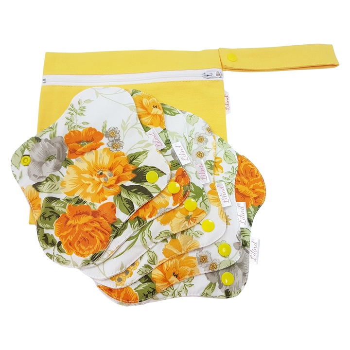 Servetele igienice reutilizabile Lilind, 6 buc., 30 cm, culoare noapte, 100% bumbac organic, impermeabile si respirabile, flori galbene, set cu husa