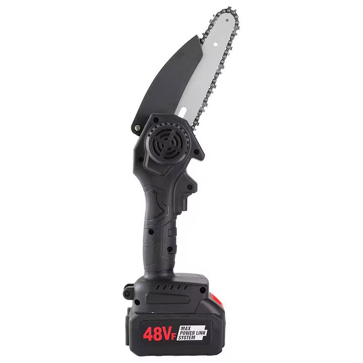 Mini láncfűrész ZMR 48V, 20 cm-es (8”) penge, 2 db Li-Ion 48V akkumulátorral, 3000 W-os motor, teljes üzemidő 70 perc, sebesség 6000 fordulat/perc, pótlánc 0,325”, tárolódoboz, súly 1,4 kg, elektromos láncfűrész fához, ágakhoz és kerthez, fekete