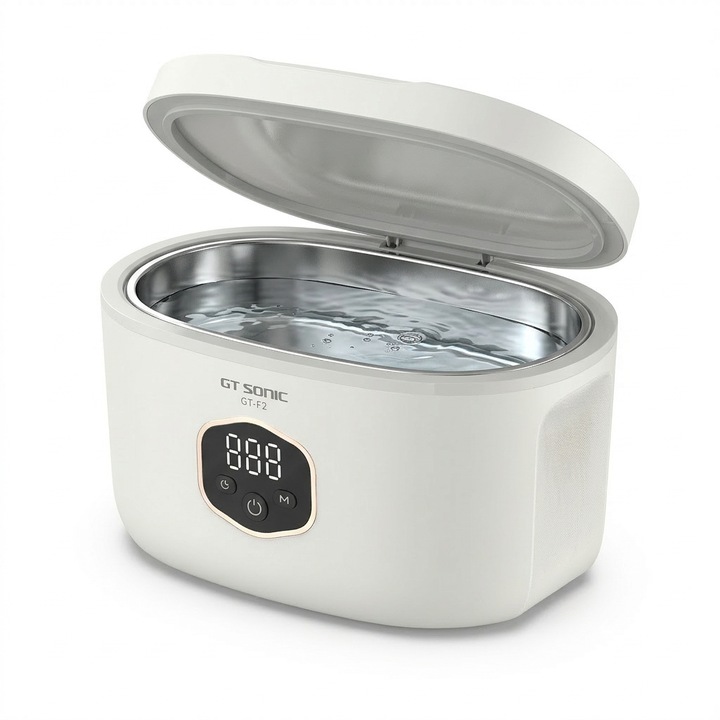 Aparat pentru Curatare cu Ultrasunete GT Sonic GT-F2, 30W, 600ml, Functie Degas, pentru Bijuterii, Ochelari, Ceasuri si Proteze Dentare, cos plastic inclus, Alb/Gri