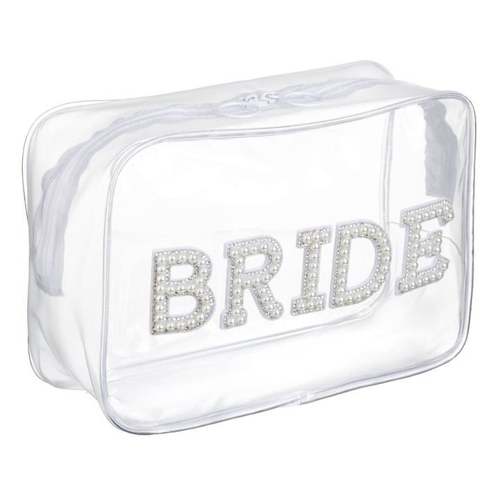 Portfard Transparent Bride 22x8x15cm Margele Strass PVC Alb Accesoriu Mireasa Nunta