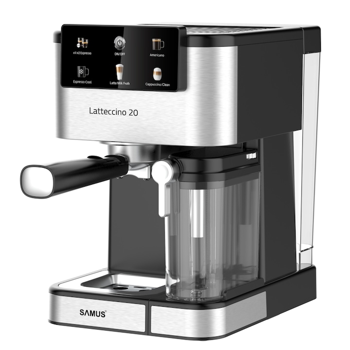 Espressor Samus Latteccino 20, 20 bari, rezervor lapte 500 ml, 6 tipuri bauturi, 1350 W, Rezervor apa 1.5 l, Sistem rapid de incalzire thermalblock, Inox/ Negru
