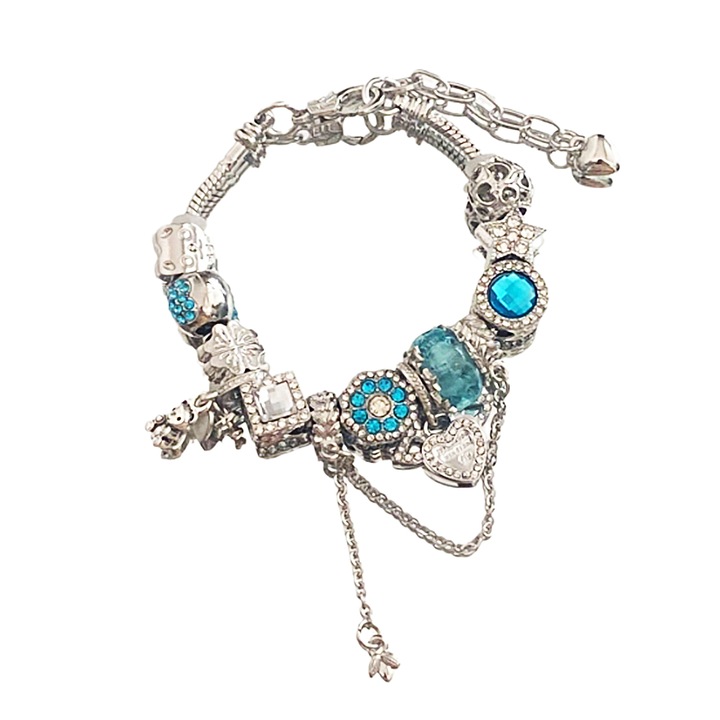 Bratara din metal cu margele, charm stea ceresc cu diamante, detalii albastre, eleganta, pentru femei