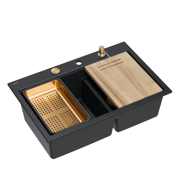 Chiuveta Quadron MARC 120 Granite cu 2 cuve 76x50x22 Pure Carbon Set