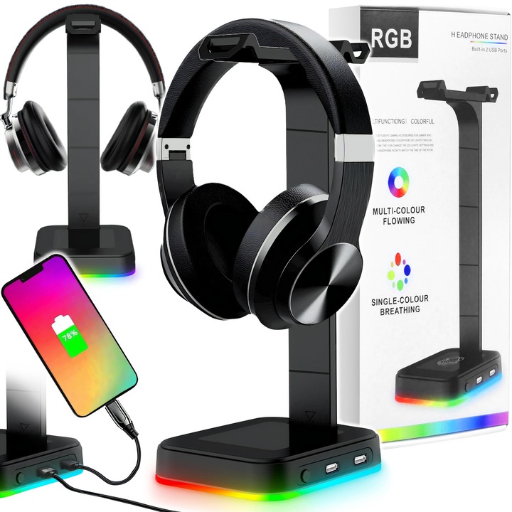 Suport pentru casti de gaming, RENEW FORCE®, efect de respiratie LED RGB, 2 porturi USB, adaptabilitate universala, baza anti-alunecare, ideal pentru notebook, Pentru Gameri PC pentru jocuri de noroc, computer desktop si tableta, Negru, Z9