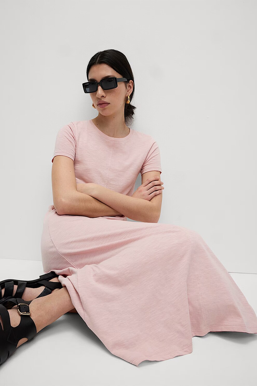 Marks & Spencer, Rochie-tricou midi cu decolteu la baza gatului, Roz pastel, 12