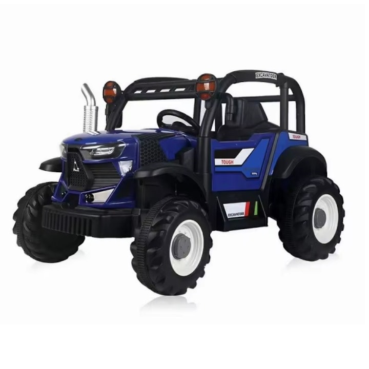 Tractor electric pentru copii Nichiduta Excavator Dark Blue 12V cu telecomanda 2,4G, 2motoarex38W, Scaun din piele ecologica, Roti rezistente, Lumini LED, Aplicatie control de pe telefon, Functie leganare, Usi cu deschidere, Muzica