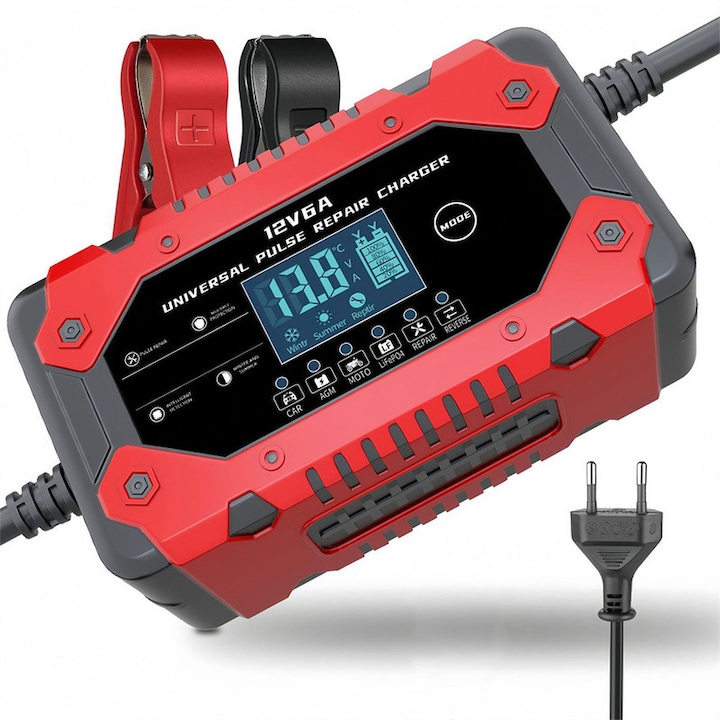 Incarcator inteligent auto 6-Amp 12V, Incarcator trickle, Desulfator de intretinere a bateriei cu senzor de temperatura pentru masina, motocicleta, scuter, barca, masina de tuns iarba Marine, rosu