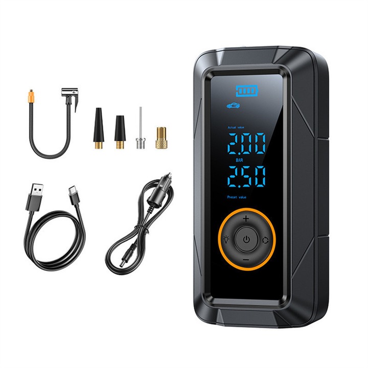 Portabila Pompa aer auto electrica, afisaj digital LCD, Lanterna LED, Lumina in modul SOS, Cablu USB pentru incarcarea telefonului, Cablu de alimentare auto, Negru