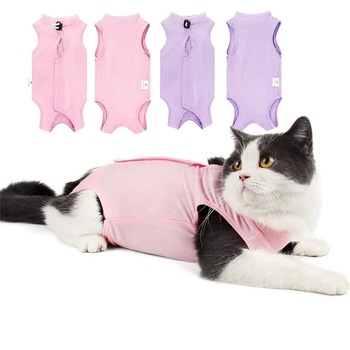 Set 2 Costum recuperare/dureri abdominale pisici, anti-lingere, siguranta sporita, Roz/Violet, L