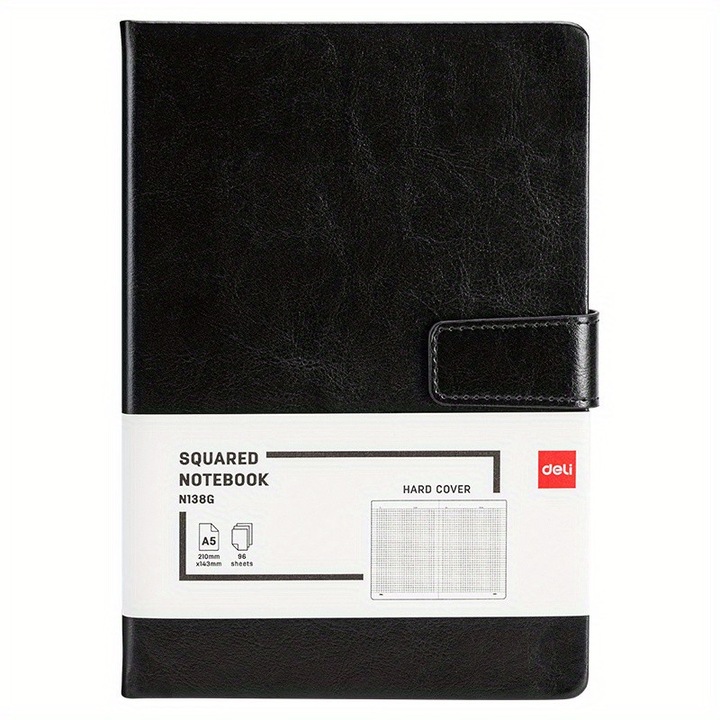 Бизнес тефтер, Deli, кожена корица, A5, 96 листа, 21.6 x 15.6 x 1.9 см, черен