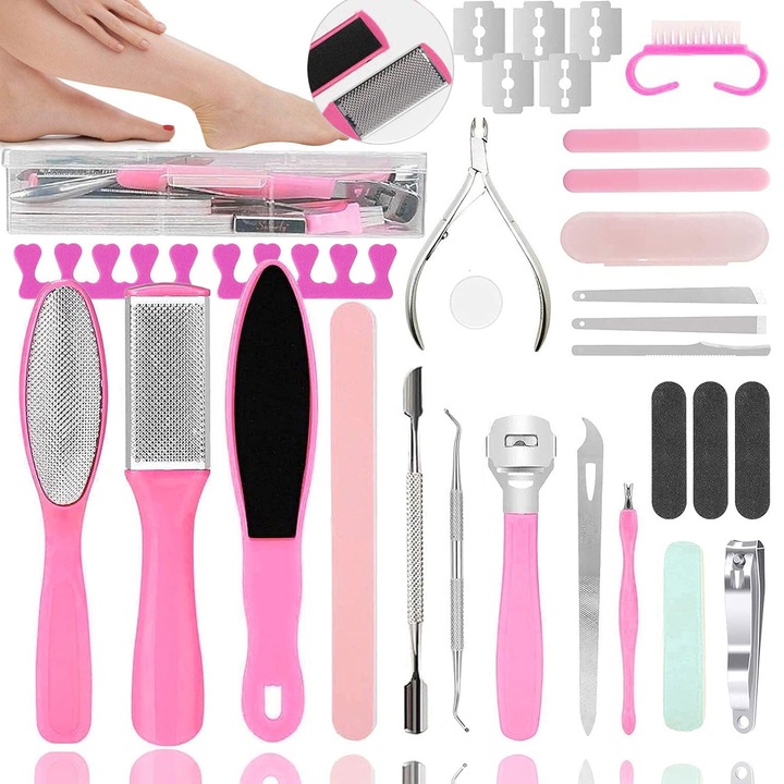 Set 25 de Instrumente profesionale pentru pedichiura medicala, Excitat®, ideale in inghrijirea picioarelor si indepartarea eficienta a calusurilor, material durabil din otel inoxidabil, Set complet de 25 accesorii, Roz