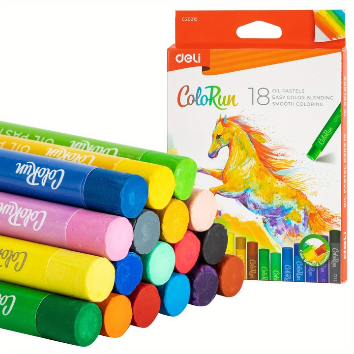 Set 18 creioane pastel uleios Deli, netoxic, lavabil, multicolor, 17x11.5x1cm