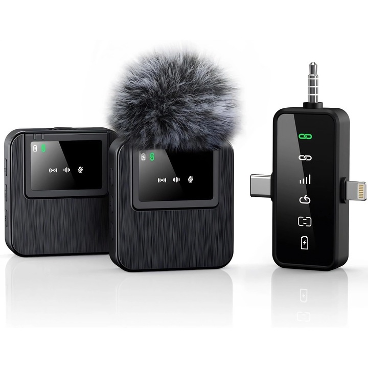 Комплект от 2 професионални микрофона Lavalier 3 в 1, Excitat®, Безжичен, Plug and play, Шумопотискане, За iPhone, Samsung, Huawei, Xiaomi, Камера за лаптоп, Съвместим с Android и iOS, Черен