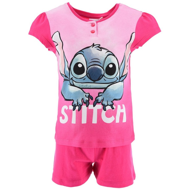 Pijamale fete, Disney Stitch, maneci scurte, bumbac, roz, Roz