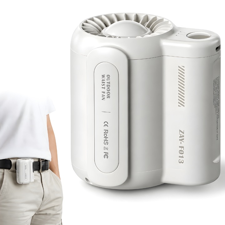 Ventilator Portabil de Centura Freezy Air® WaistClip, 3 Viteze, USB Type C, Acumulator 4500 mAh, Introducere Sub Tricou, Motor Brushless, Ultra Silentios, Alegare, Plimbare, Casa, Camping, Alb