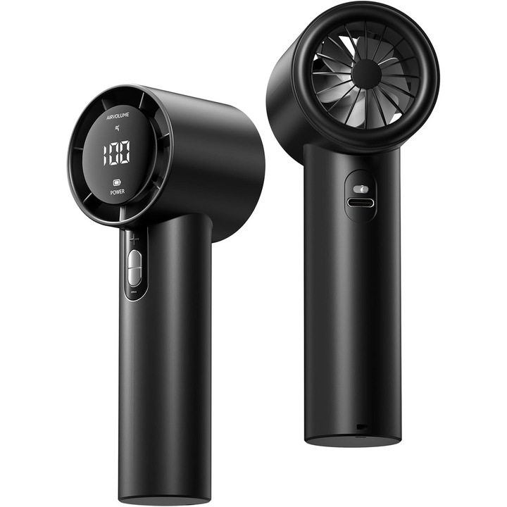 Ventilator Ultra Portabil Aurov®, 100 Trepte de Viteza, Afisaj LED, Incarcare USB, Format de Buzunar, Ideal pentru Calatorii, Plaja, Birou, Negru
